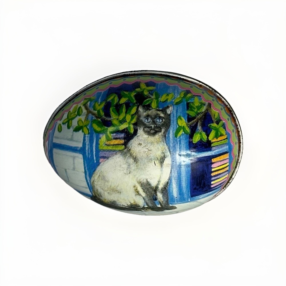 Vintage Cat Tin Egg Trinket Box – Siamese Cat Illustration, Rustic Cottage Decor